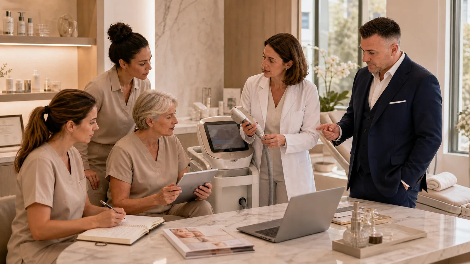 Session de formation RBC Consulting autour d'un appareil de médecine esthétique avec praticiens et formateur