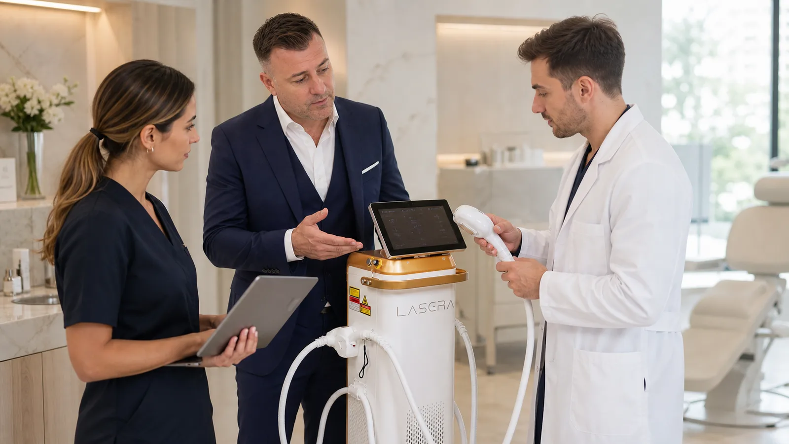 Technicien RBC Consulting installant et démontrant un appareil Lasera à une équipe de praticiens